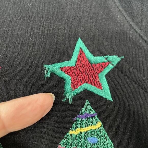 Michael Simon Lite Christmas Cardigan Sweater Size M Black Embroidered Colorful - Picture 6 of 7